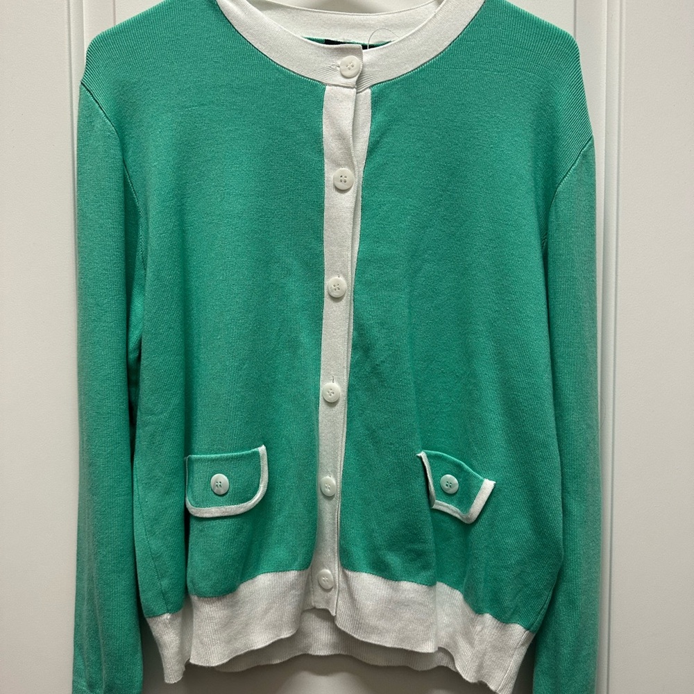 Nwt Yest The Netherlands Green and White Classic Cardigan Sweater Size 6